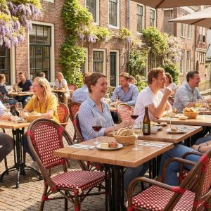 Super-Seat | Rode rieten stapelstoelen met armleuningen, houten tafels; bloeiende klimop siert bakstenen gebouwen. | Horecameubilair