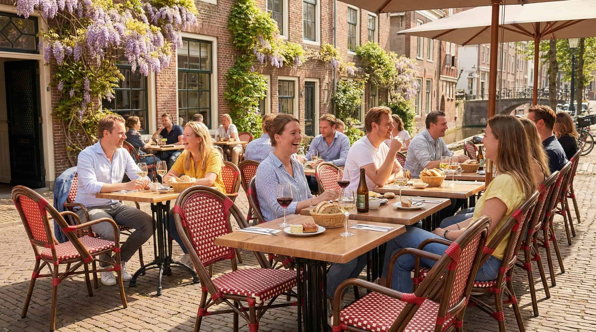 Super-Seat | Rode rieten stapelstoelen met armleuningen, houten tafels; bloeiende klimop siert bakstenen gebouwen. | Horecameubilair