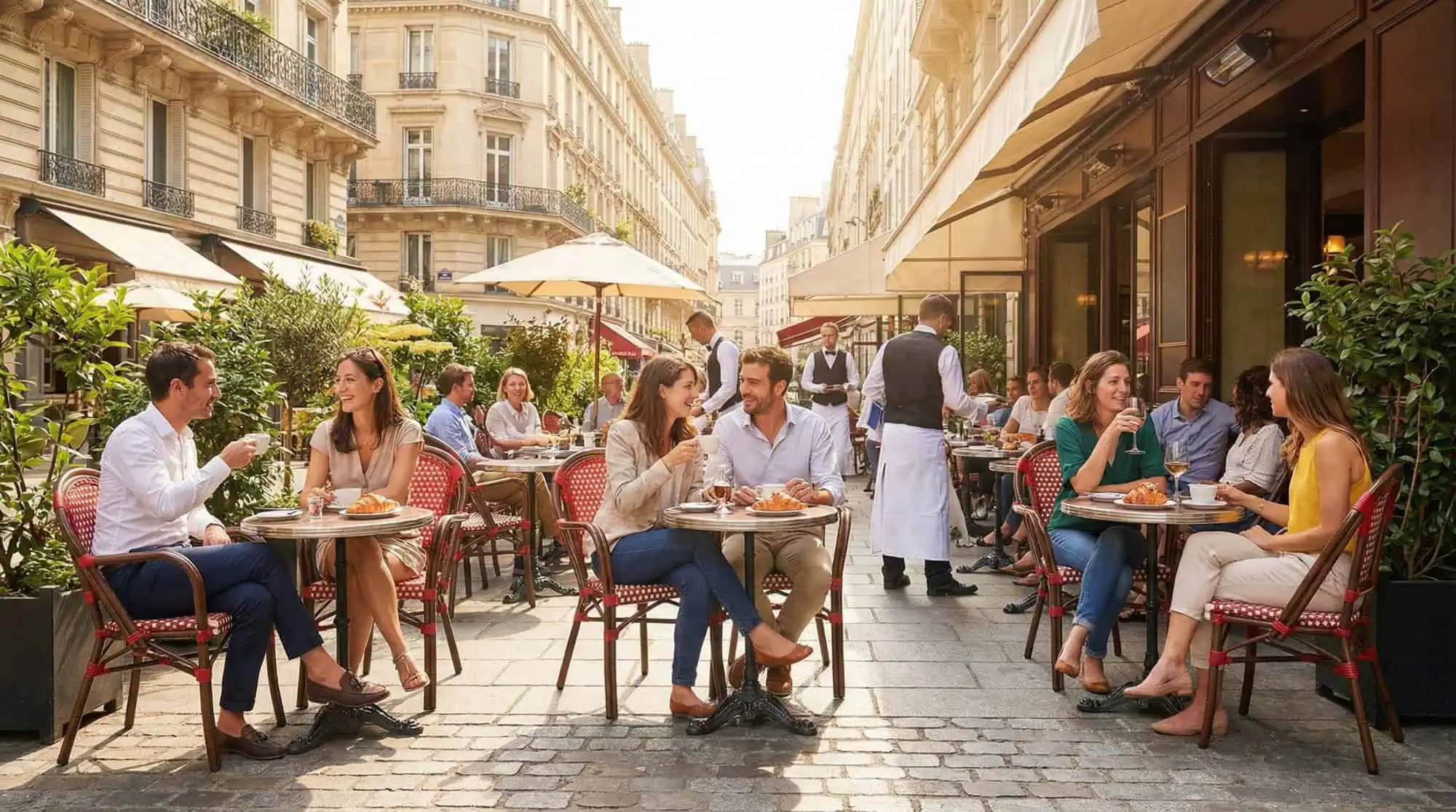 Super-Seat |Rieten horeca terrasstoelen met armleuning, rode parasols, tafels buiten op een kasseistraat. | Horecameubilair