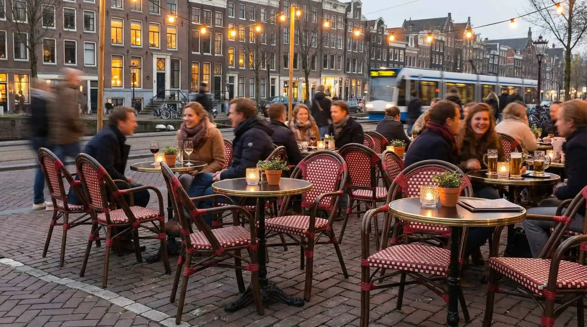 Super-Seat | Rieten stoelen met armleuning, metalen tafels op klinkers, sfeervolle verlichting erboven. | Horecameubilair