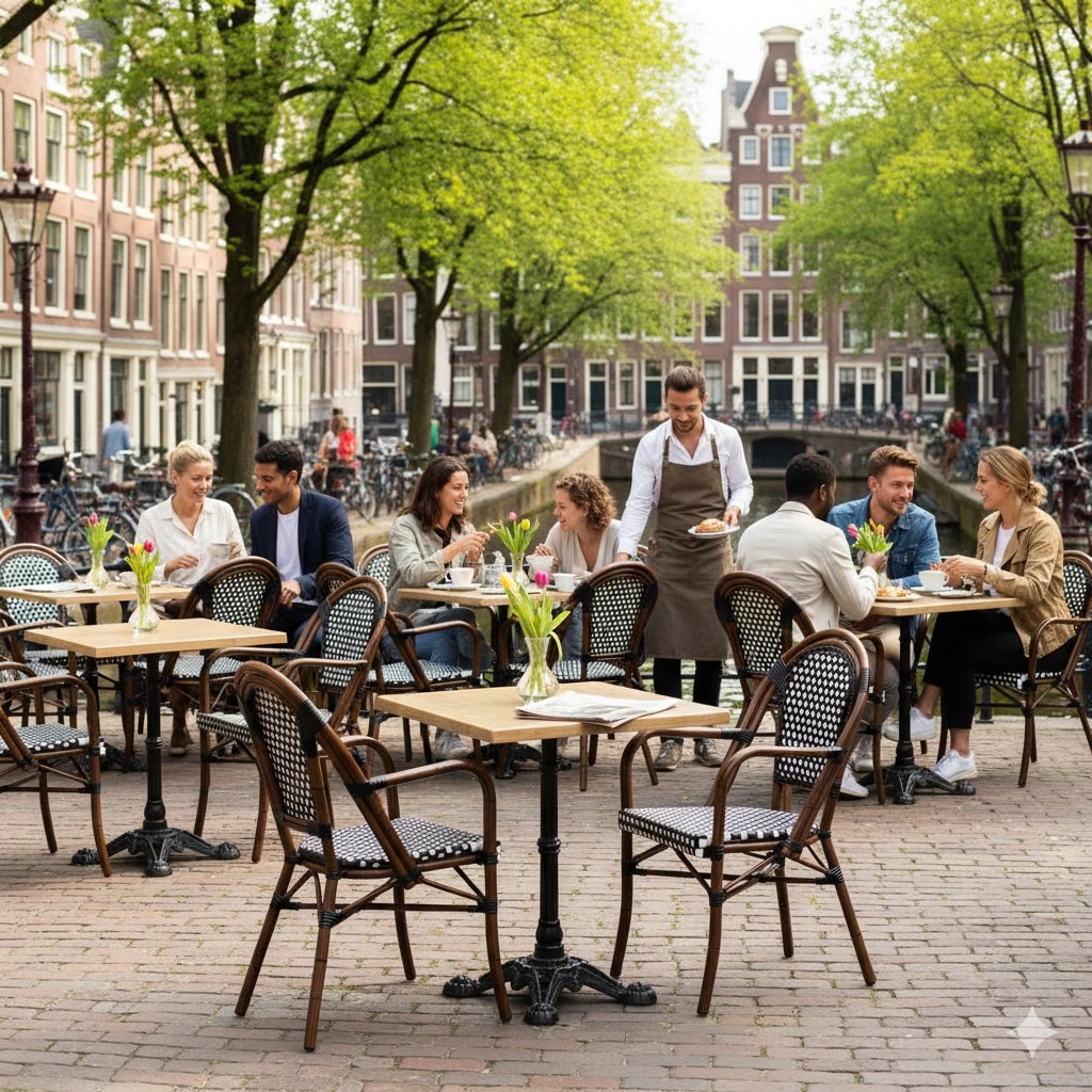 Super-Seat | Zwarte rieten stoelen met armen en houten tafels aan het water, ontspannen sfeer. | Horecameubilair