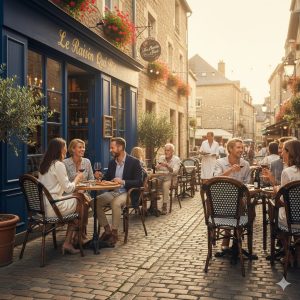 Super-Seat |Zwarte rieten stoelen en tafels, blauw exterieur, bloemendecoratie, buiten eten. | Horecameubilair