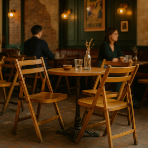 Super-Seat | Hera vintage houten klapstoel honing bruin | Twee honingbruine houten klapstoelen bij een ronde houten tafel in een café. | Horecameubilair