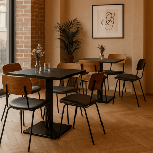 Super-Seat | Horeca kantine tafels zwart melamine | Zwarte melamine tafels, bruine en zwarte stoelen, vazen, lichte houten vloer, plant in de hoek. | Horecameubilair