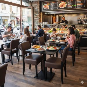 Super-Seat | Horeca kantine tafels zwart melamine 67x67cm | Zwarte melamine tafels, bruine stoelen, grote ramen, man bij balie met menubord. | Horecameubilair