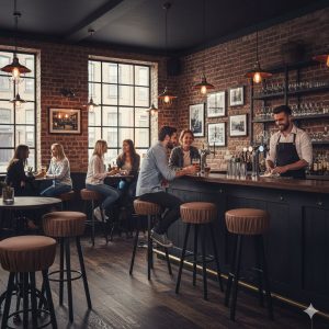 Super-Seat | Industriële kroeg barkrukken donkerbruin | Donkerbruine leren barkrukken en houten tafels op houten vloer, bakstenen muren. | Horecameubilair