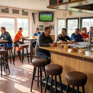 Super-Seat | Industriële kroeg barkrukken donkerbruin | Donkerbruine industriële barkrukken, houten tafels, mensen sporten en borrelen. | Horecameubilair