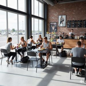 Super-Seat | Horeca kantine tafels zwart melamine 67x67cm | Zwarte melamine tafels, metalen onderstel, houten stoelen, grote ramen, bakstenen muur. | Horecameubilair