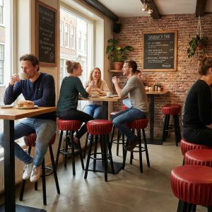 Super-Seat | Industriële kroeg barkrukken bordeaux rood | Bordeaux rode barkrukken van leer, houten tafels en stoelen in een gezellig bakstenen café. | Horecameubilair