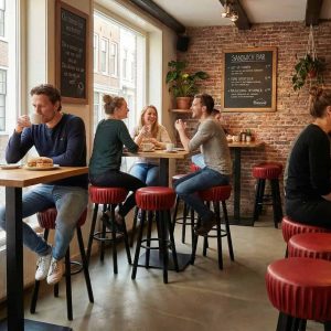 Super-Seat | Industriële kroeg barkrukken bordeaux rood | Bordeaux rode barkrukken van leer, houten tafels en stoelen in een gezellig bakstenen café. | Horecameubilair