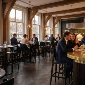 Super-Seat | Zwarte barkrukken van hout en staal aan een messing bar, omgeven door warme houten details. | Horecameubilair