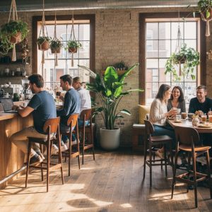 Super-Seat | Zwarte barkrukken van metaal en hout aan hoge tafels, licht café met veel planten. | Horecameubilair