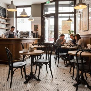 Super-Seat | Café Meubilair Ronde houten tafels, zwarte houten Thonet-stoelen, witte tegelvloer met zwarte accenten, barista aanwezig. | Horecameubilair