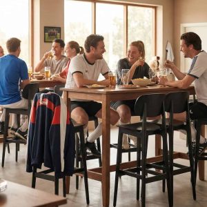 Super-Seat | Scandinavische design barkrukken Bonn zwart Zwarte metalen barkrukken en hoge tafels in sportieve bar met sport op tv. | Horecameubilair