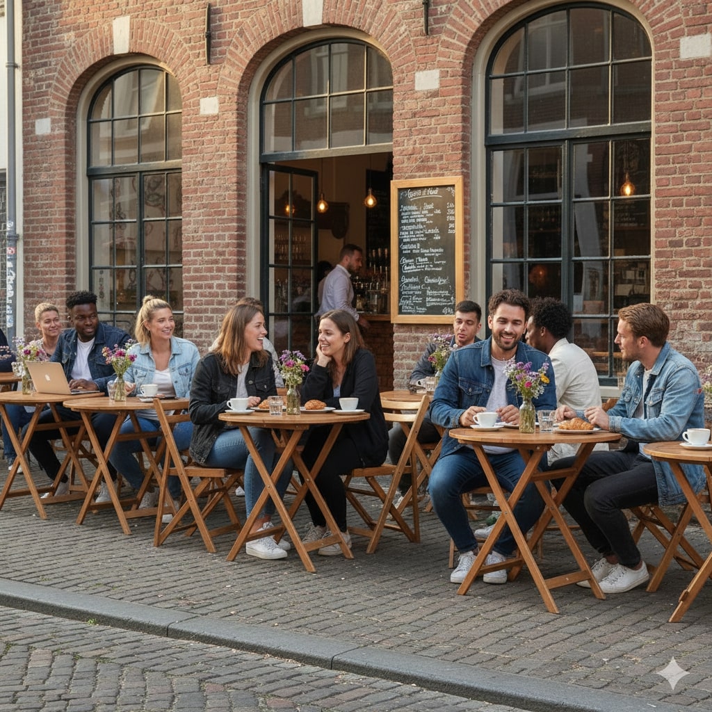 Super-Seat | Houten ronde tafels, metalen stoelen, terracotta bakstenen café, bloemenvaasjes. | Horecameubilair