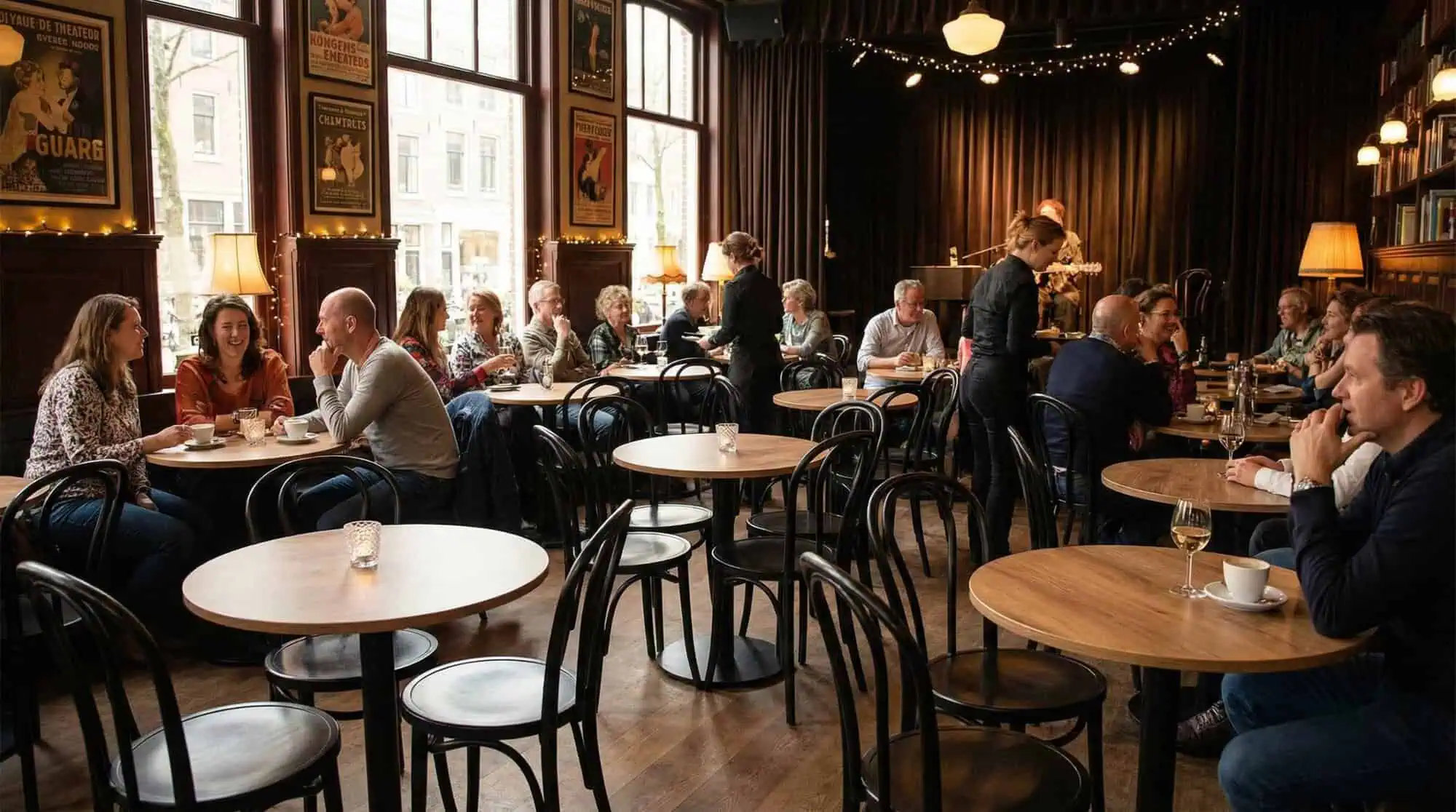 Super-Seat | Café Interieur Houten tafels, zwarte houten stapelstoelen en vintage posters bij warme sfeerverlichting in het café. | Horecameubilair