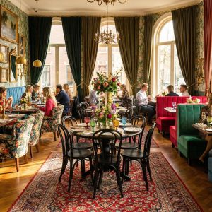 Super-Seat | Lichte zaak met zwarte houten stapelstoelen, groene fluwelen banken, bloemenstoelen en houten tafels. | Horecameubilair