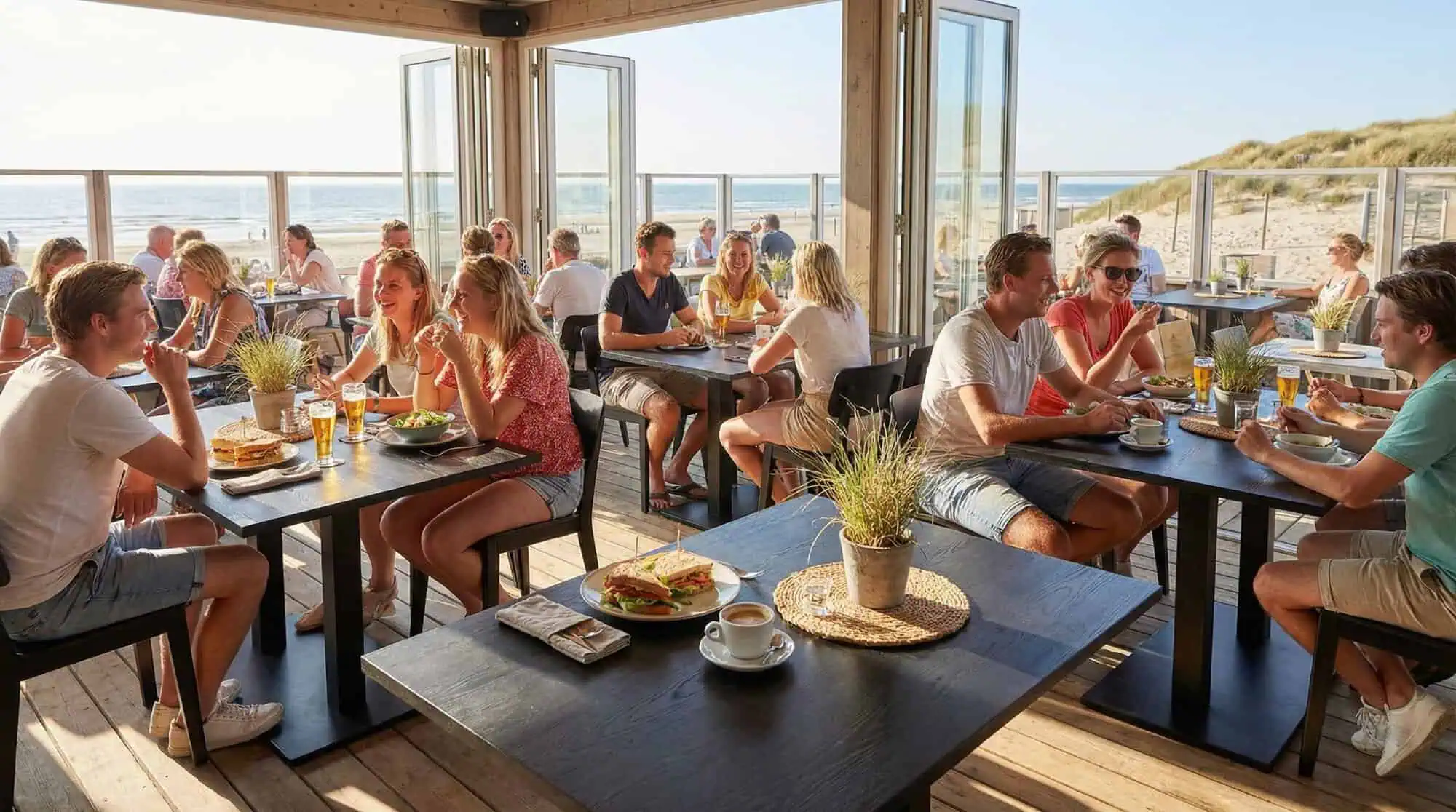 Super-Seat | Zwarte melamine tafels 120x67cm met metalen onderstel, uitzicht op zee, lichte strandstoelen. | Horecameubilair