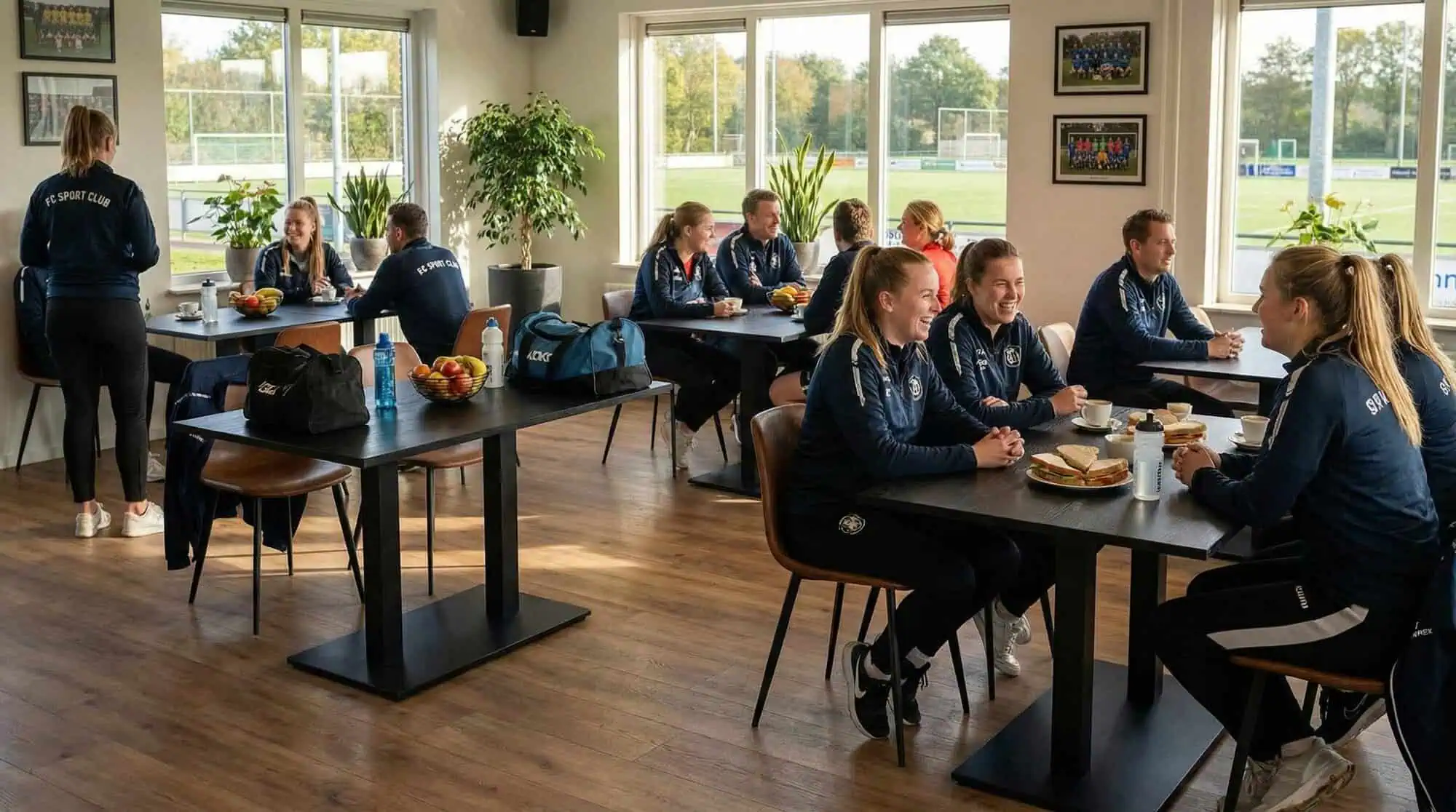 Super-Seat | Horeca Kantine Tafel Zwart Melamine | Zwarte melamine tafels 120x67cm met metalen onderstel, stoelen rondom, teamsporters etend. | Horecameubilair