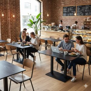 Super-Seat | Zwarte melamine tafels 120x67cm met metalen onderstel, stoelen bij bakstenen muren café. | Horecameubilair