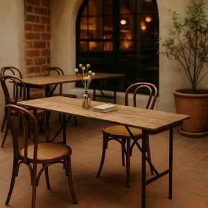 Super-Seat | A Berlijn vintage houten klaptafel naturel 200x50cm | Naturel hout, metalen poten, set met twee houten stoelen, decor: vaas bloemen. | Horecameubilair