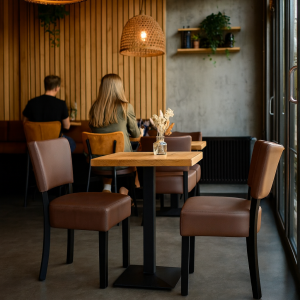 Super-Seat |Donkerbruin houten horeca stoelen en tafels bij café; droogbloemen op tafel, twee mensen op stoelen. | Horecameubilair