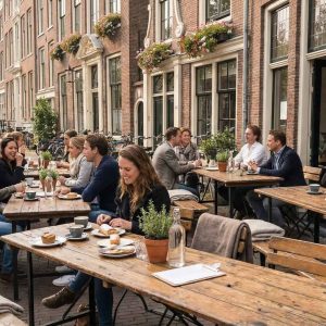 Super-Seat | Berlijn vintage houten klaptafel naturel | Mensen aan een lichte houten tafel met metalen scharnieren, stoelen in hout/metaal buiten. | Horecameubilair
