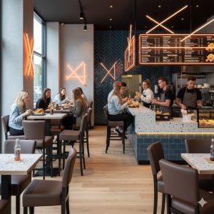 Super-Seat |Modern Fast-Casual Restaurant Donkerbruine leren horeca stoelen, houten tafels, barkrukken en grote ramen in stijlvol interieur. | Horecameubilair