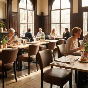 Super-Seat | Stoelen en tafels inspiratie | Donkerbruine houten stoelen, tafels en barkrukken in licht café met grote ramen en planten. | Horecameubilair