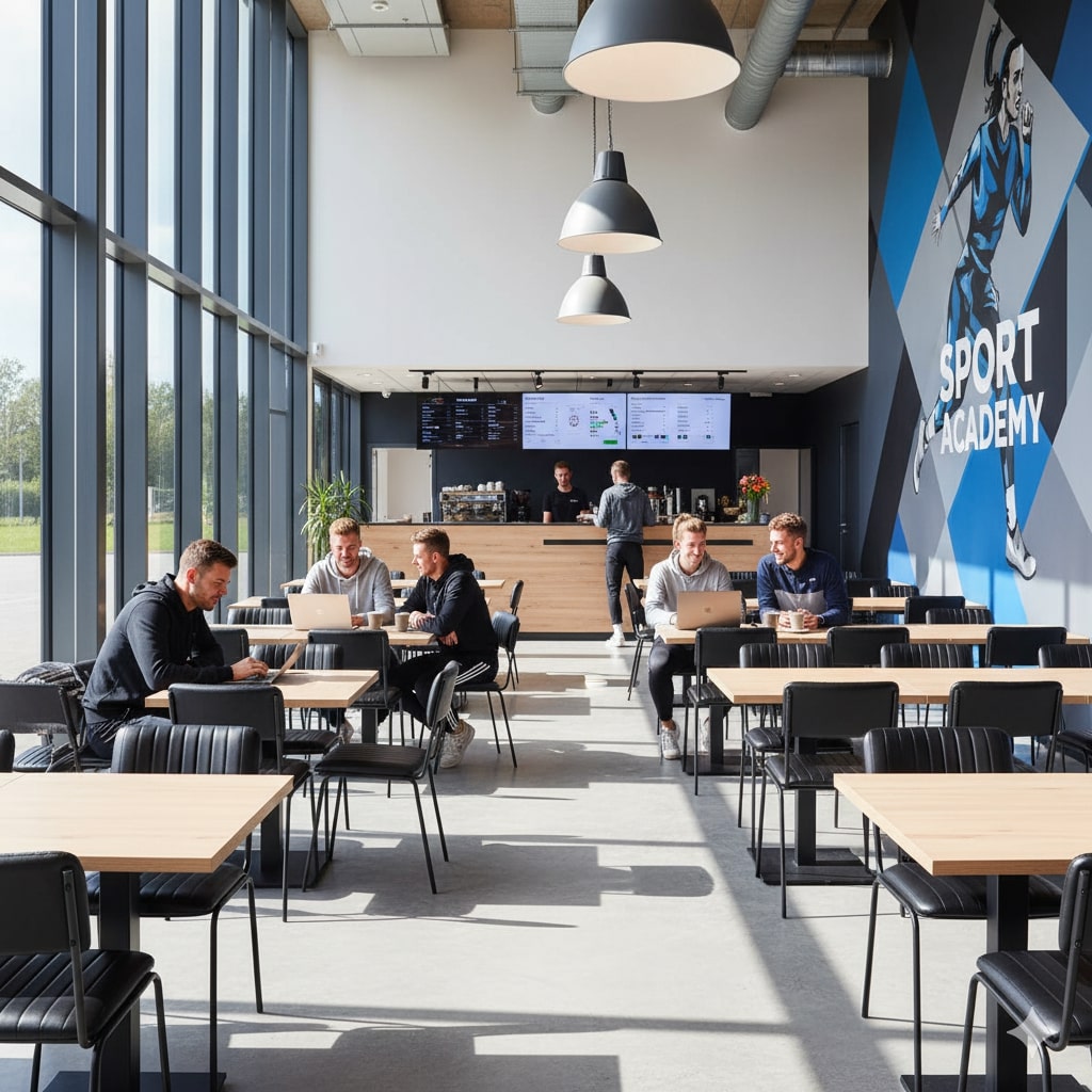 Super-Seat | Aviator horeca stapelstoelen zwart | Zwarte metalen stoelen en tafels, mensen werken en praten in lichte café met grote ramen. | Horecameubilair