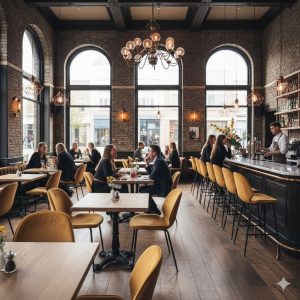 Super-Seat | Moderne café-inrichting Velours okergele stoelen, houten tafels en barkrukken, bakstenen muren, grote ramen. | Horecameubilair