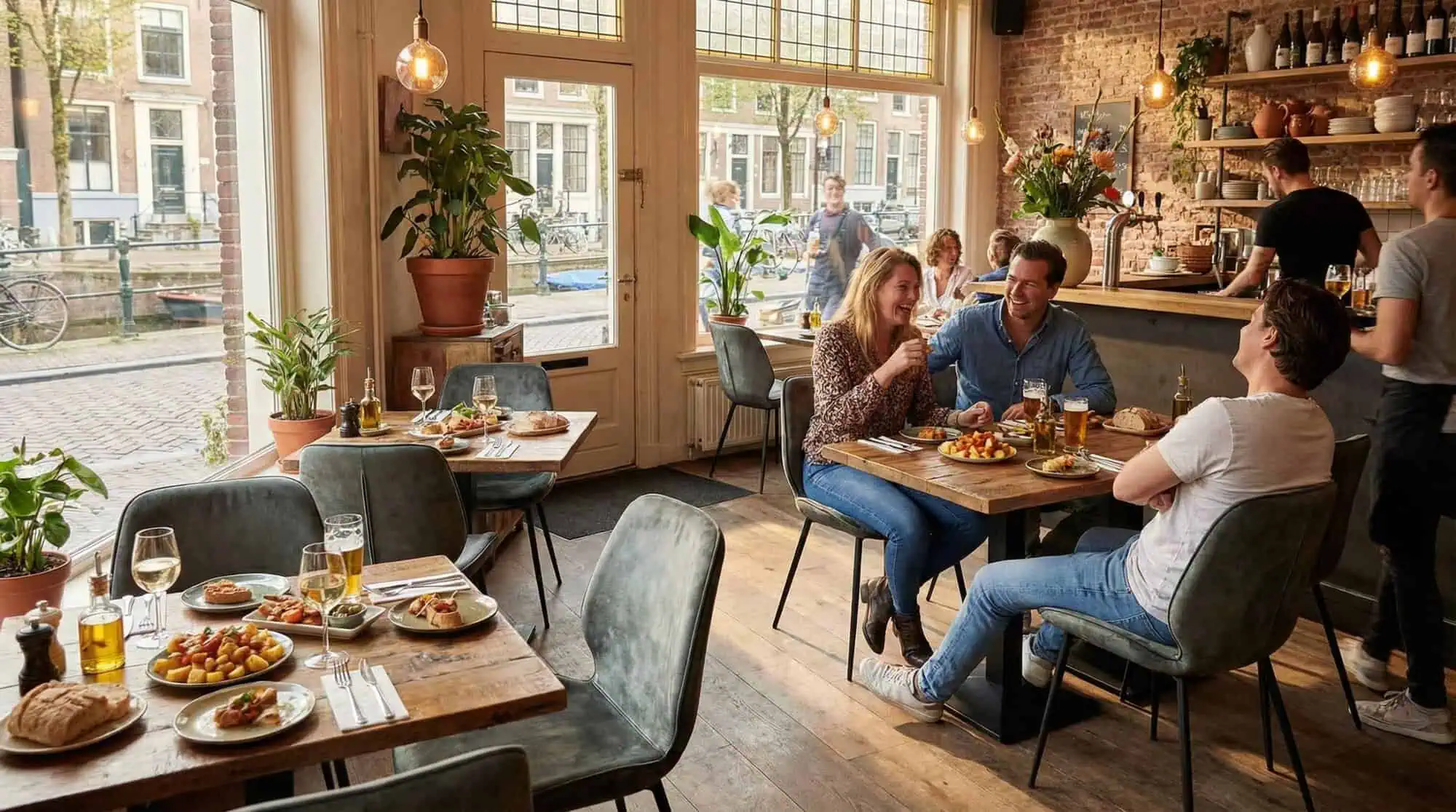 Super-Seat | Fluwelen groene stoelen, houten tafels, bakstenen muur en veel planten, daglicht binnen. | Horecameubilair