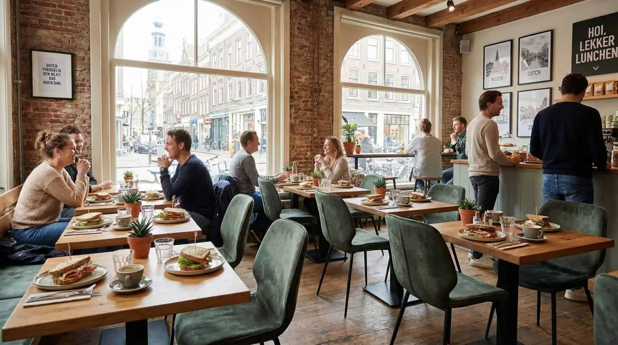 Super-Seat | Modern Cafe | Wat je gaat tegenkomen zijn stoelen, tafels, barkrukken, picnick tafels en andere soort tafels en stoelen. Fluwelen groene Seashell Ocean stoelen aan houten tafels, bakstenen muren, grote ramen. | Horecameubilair