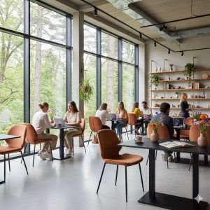 Super-Seat | Moderne Café Sfeeren Fluwelen koperen Seashell Ocean stoelen, zwarte tafels, planten, grote ramen en houten schappen. | Horecameubilair