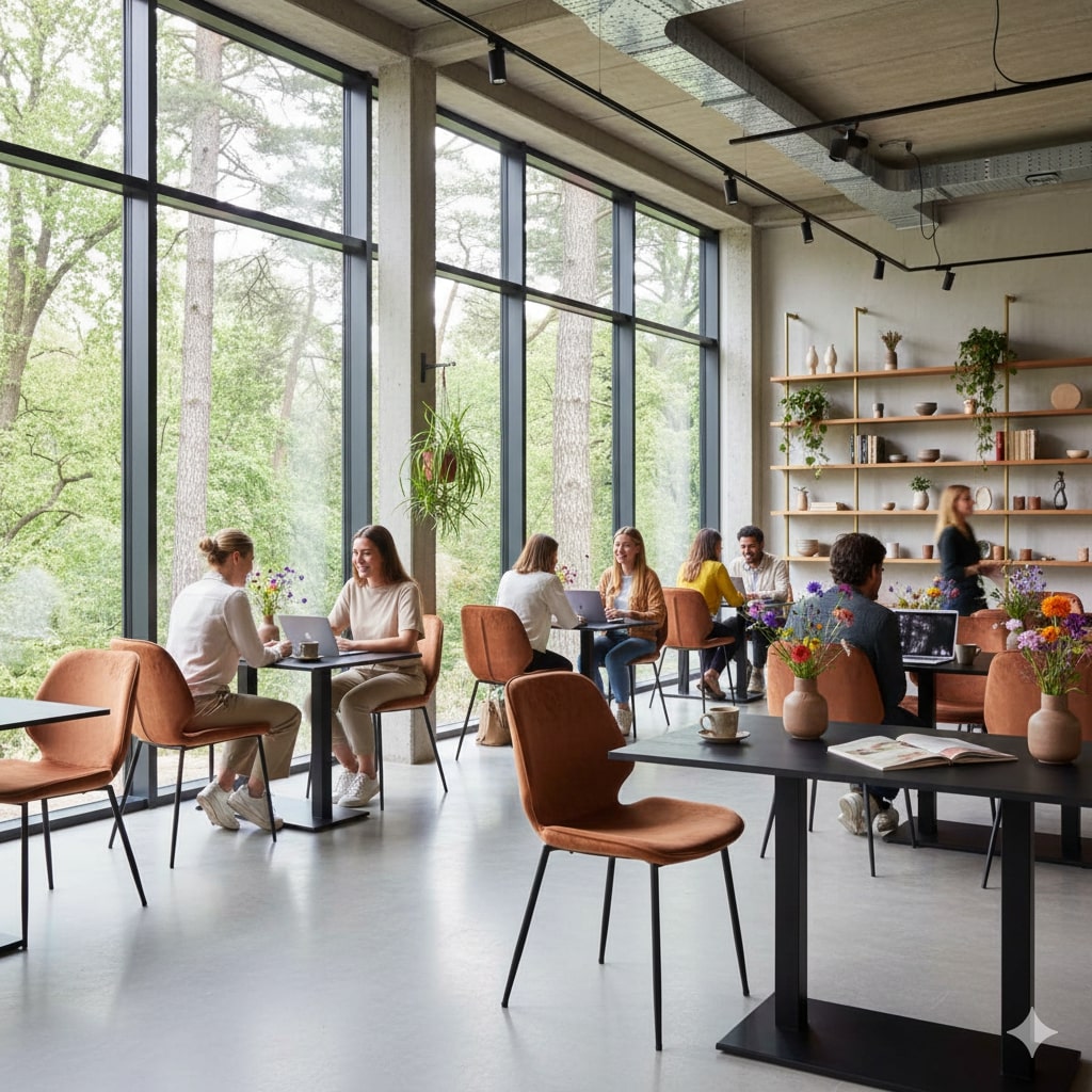 Super-Seat | Moderne Café Sfeeren Fluwelen koperen Seashell Ocean stoelen, zwarte tafels, planten, grote ramen en houten schappen. | Horecameubilair