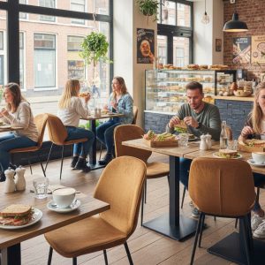 Super-Seat | Moderne Koffiebar | Fluwelen okergele Seashell Ocean stoelen, houten tafels, veel glas en planten, gasten ontspannen samen. | Horecameubilair