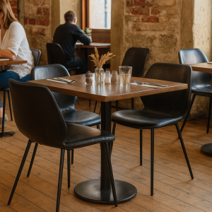 Super-Seat | Zwarte vintage leren stoelen, houten tafel, glaswerk; industrieel met bakstenen muren en houten vloer |. | Horecameubilair