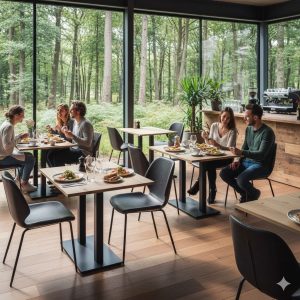 Super-Seat | Zwarte vintage leren stoelen, houten tafels en vloer, grote ramen met boszicht, veel daglicht. | Horecameubilair