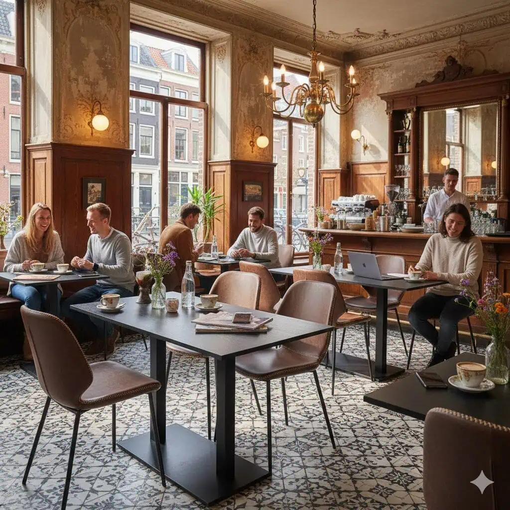 Super-Seat | Cognac leren stoelen, houten tafels, barista achter toonbank, grote ramen en tegelvloer. | Horecameubilair