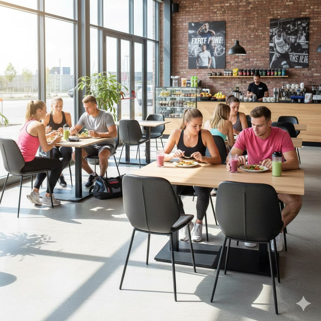 Super-Seat | Café Interieur | Zwarte vintage leren Seashell Ocean stoelen en houten tafels in moderne, lichte café met bakstenen muur. | Horecameubilair