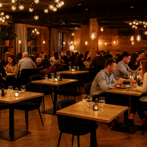 Super-Seat | Eiken melamine tafels, zwarte metalen poten, warme houten vloer, diners aan tafels in sfeervol licht. | Horecameubilair