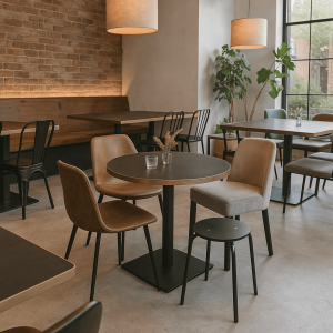 Super-Seat | Urban Melamine Tafelbladen Rond Zwart/Messing Rand 67cm Zwarte melamine tafels, messing rand, mix stoelen, bakstenen muur, veel licht. | Horecameubilair