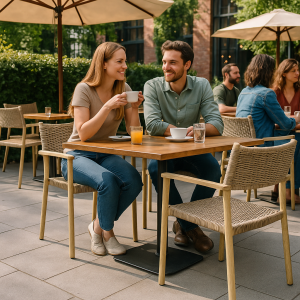 Super-Seat | Tulum Horeca Terras Stoelen Zwart rieten-aluminium stoelen en een metalen tafel bij buitencafé, drankjes op tafel. | Horecameubilair