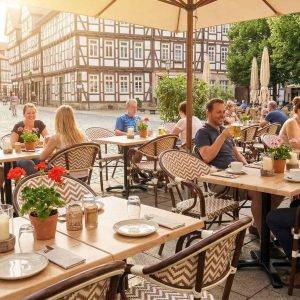 Super-Seat | Beige boho stoelen met armleuningen, houten tafels, barkrukken, crème parasols, kinderkopjesplein. | Horecameubilair