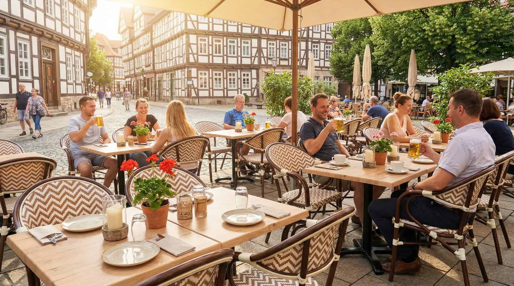Super-Seat | Beige boho stoelen met armleuningen, houten tafels, barkrukken, crème parasols, kinderkopjesplein. | Horecameubilair