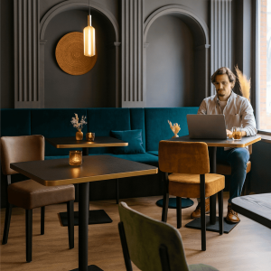 Super-Seat | Urban melamine tafelbladen rond zwart / messing rand 67cm Zwarte ronde melamine tafel met messing rand, man werkt eraan met laptop. | Horecameubilair