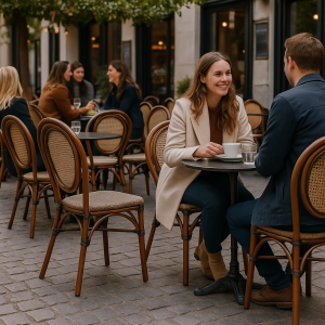 Super-Seat |Wat je gaat tegenkomen zijn stoelen, tafels, barkrukken, picknicktafels en andere soort tafels en stoelen. Bruine rieten Parijse terrasstoelen en ronde metalen tafels buiten café; straat met bomen, mensen ontspannen. | Horecameubilair