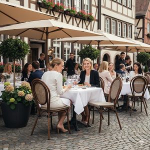 Super-Seat | Witte tafels met rieten stapelstoelen, metalen onderstel, parasols en groen omgeven op klinkerstraat. | Horecameubilair