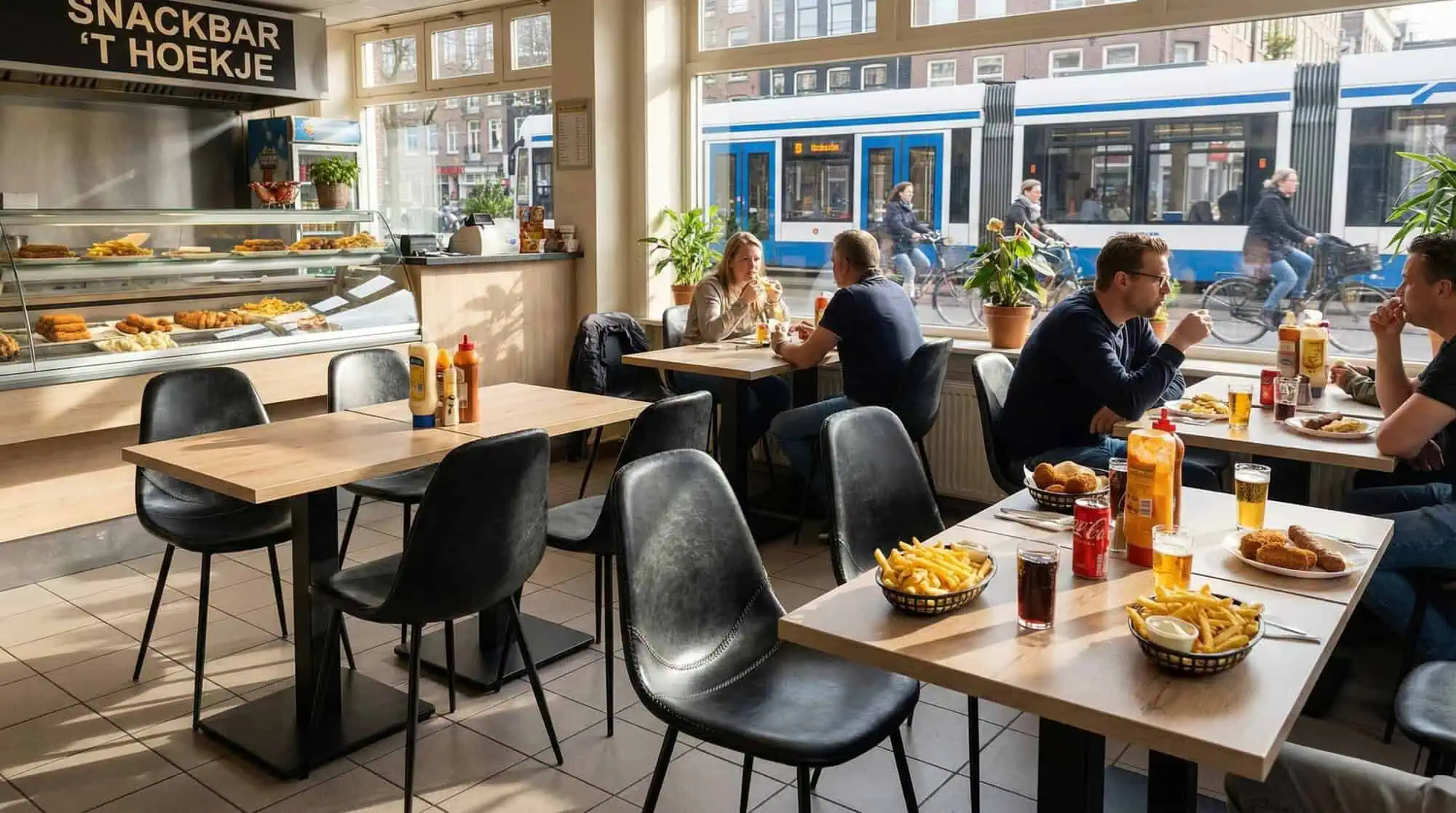 Super-Seat | Horeca tafels kasteel eiken melamine | Tafels van eiken melamine, grijze metalen onderstellen, stoelen met zwarte zittingen. | Horecameubilair