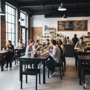 Super-Seat | Zwart café met zwarte stoelen, tafels en barkrukken van metaal en hout, grote ramen, menubord. | Horecameubilair